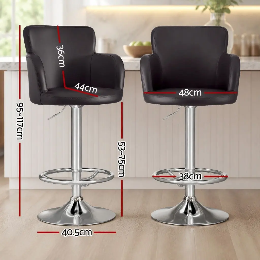 Bar Stools Swivel Adjustable Height Brown PU Leather Set of 4 Chrome Steel