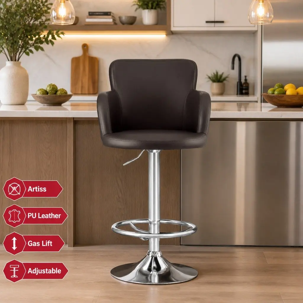 Bar Stools Swivel Adjustable Height Brown PU Leather Set of 4 Chrome Steel