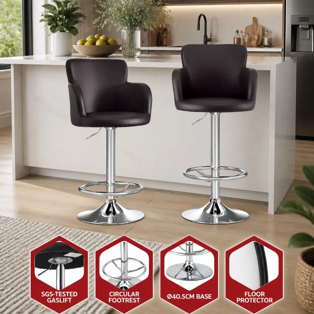 Bar Stools Swivel Adjustable Height Brown PU Leather Set of 4 Chrome Steel