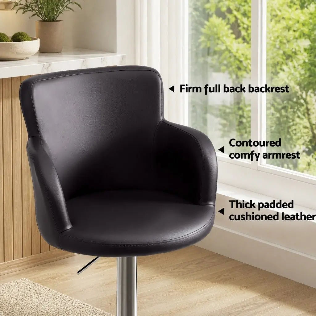 Bar Stools Swivel Adjustable Height Brown PU Leather Set of 4 Chrome Steel