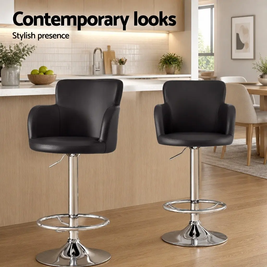 Bar Stools Swivel Adjustable Height Brown PU Leather Set of 4 Chrome Steel