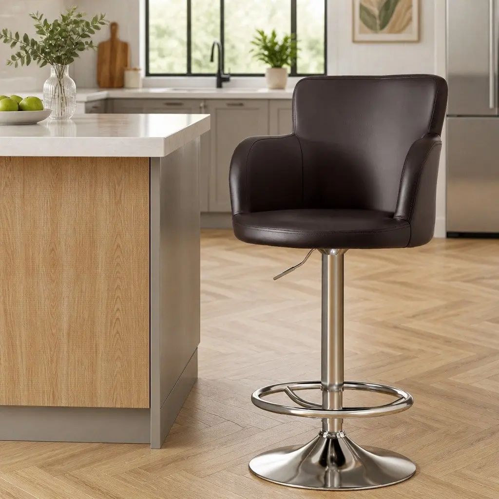 Bar Stools Swivel Adjustable Height Brown PU Leather Set of 4 Chrome Steel