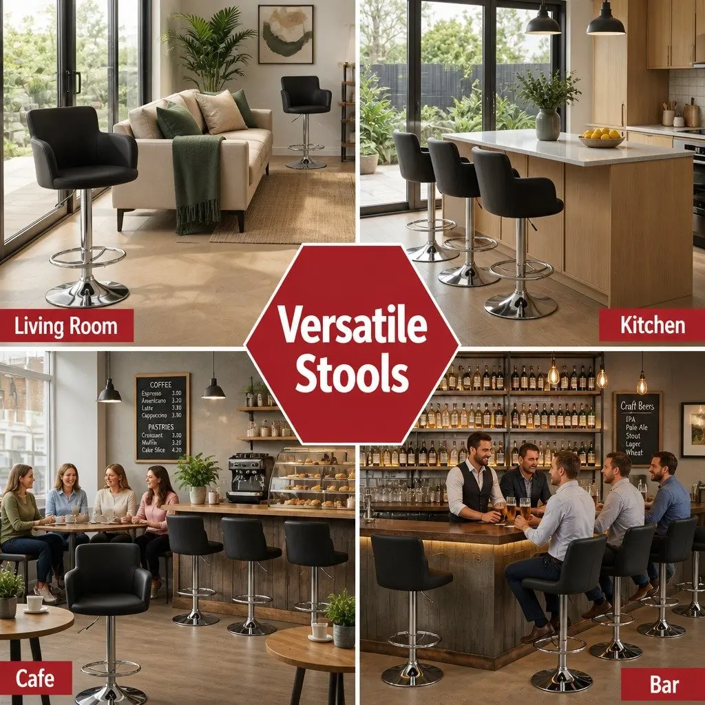 Bar Stools Swivel Adjustable Height Brown PU Leather Set of 4 Chrome Steel