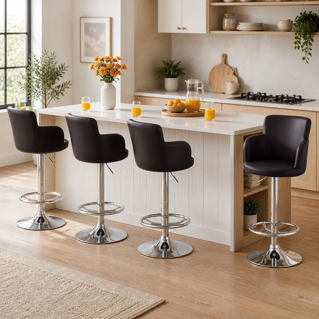 Bar Stools Swivel Adjustable Height Brown PU Leather Set of 4 Chrome Steel