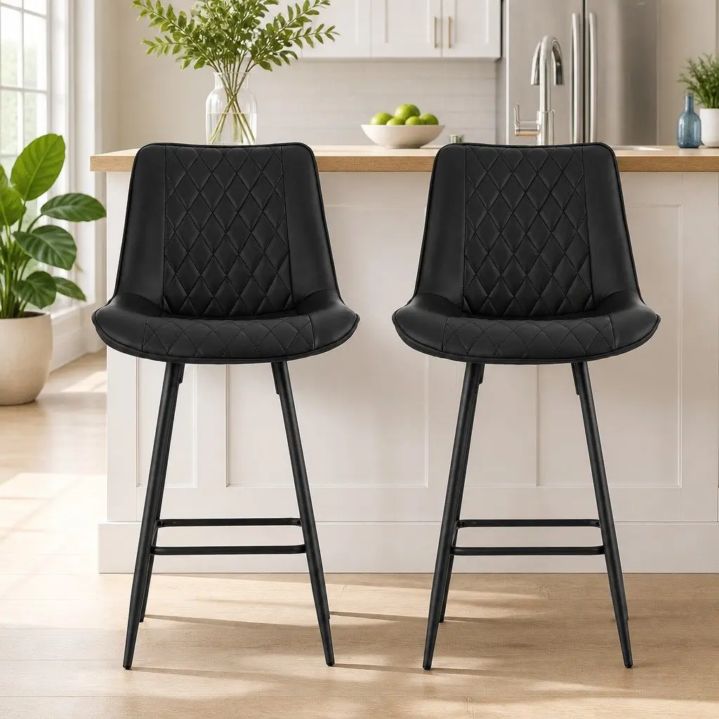 Bar Stools Set of 2 Kitchen Counter Dining Chairs Diamond Design Black PU
