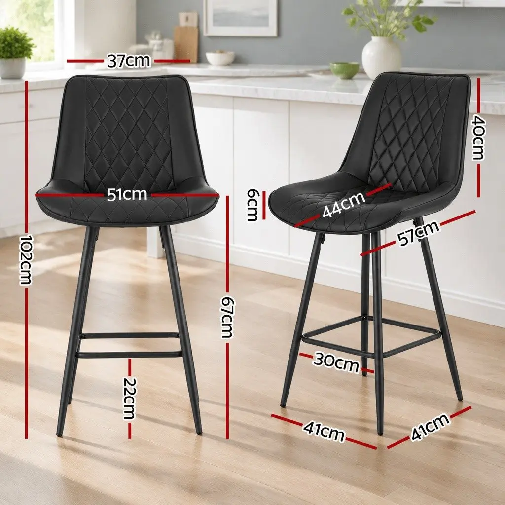Bar Stools Diamond Black PU Leather Counter Height Set of 4 Metal Frame