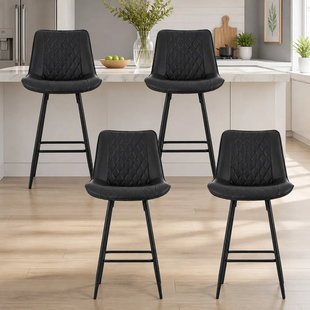 Bar Stools Diamond Black PU Leather Counter Height Set of 4 Metal Frame