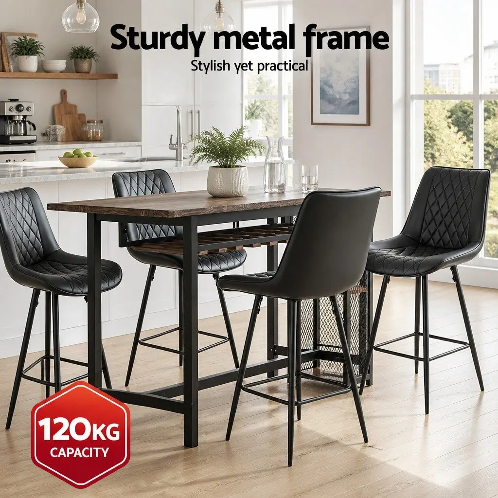 Bar Stools Diamond Black PU Leather Counter Height Set of 4 Metal Frame