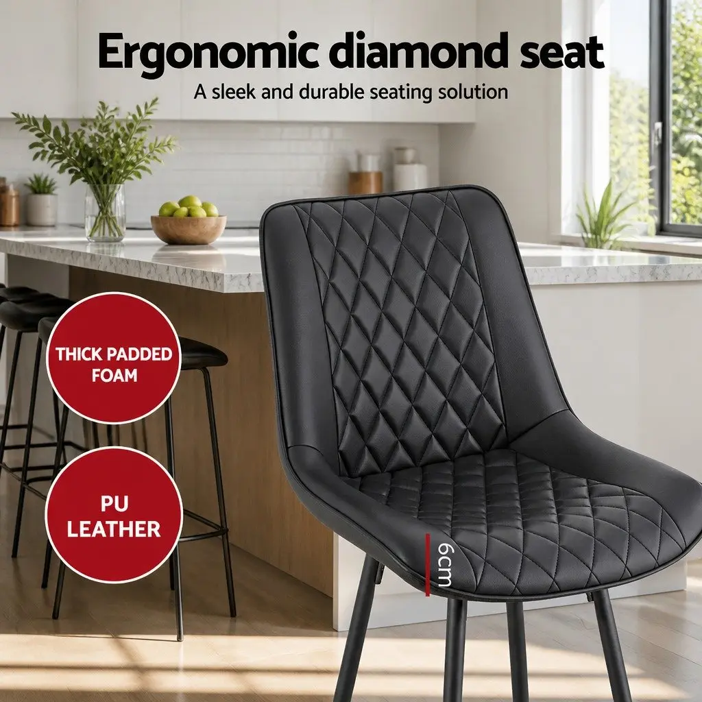 Bar Stools Diamond Black PU Leather Counter Height Set of 4 Metal Frame