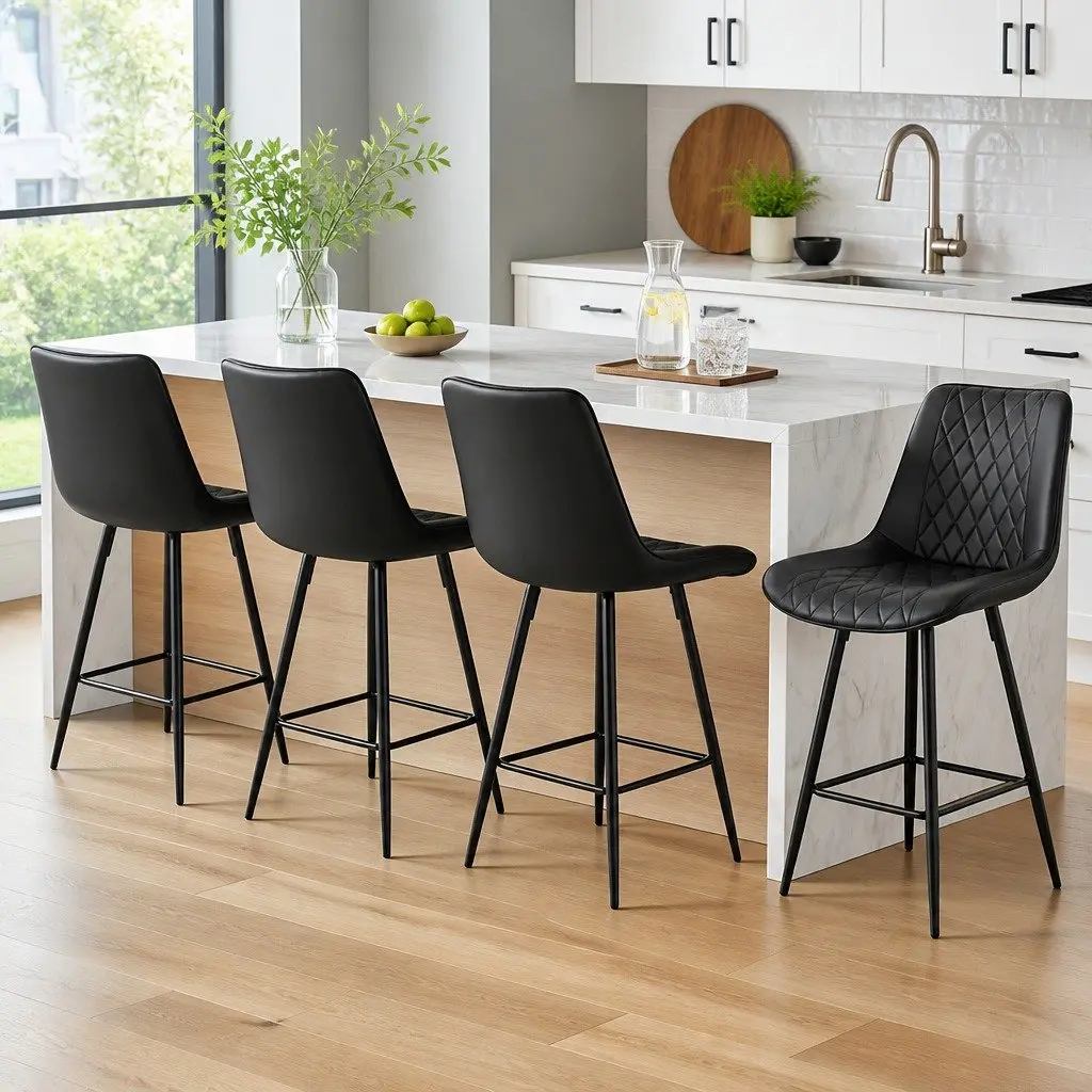 Bar Stools Diamond Black PU Leather Counter Height Set of 4 Metal Frame