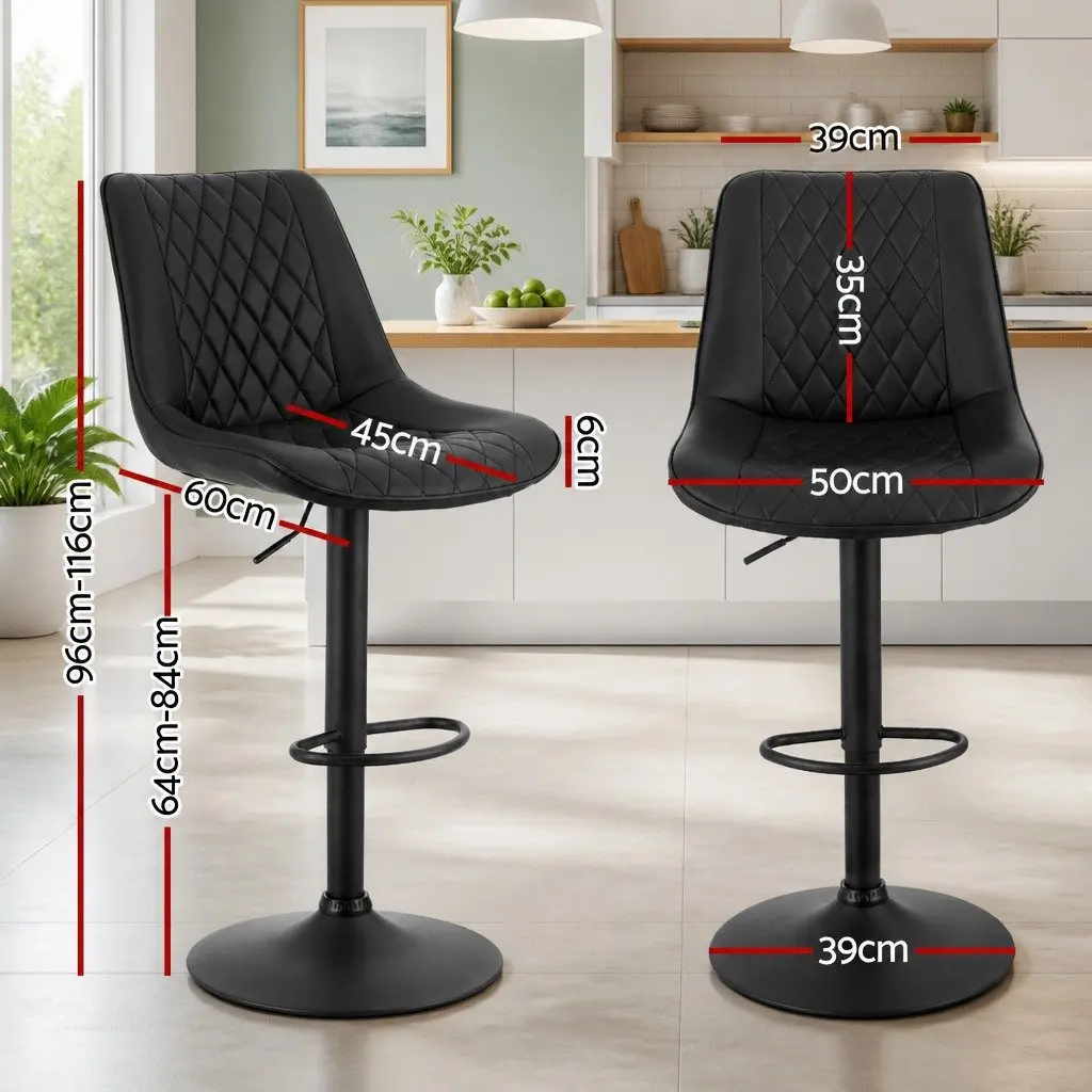 Bar Stools Diamond Black Adjustable Height PU Leather Metal Frame Set of 2