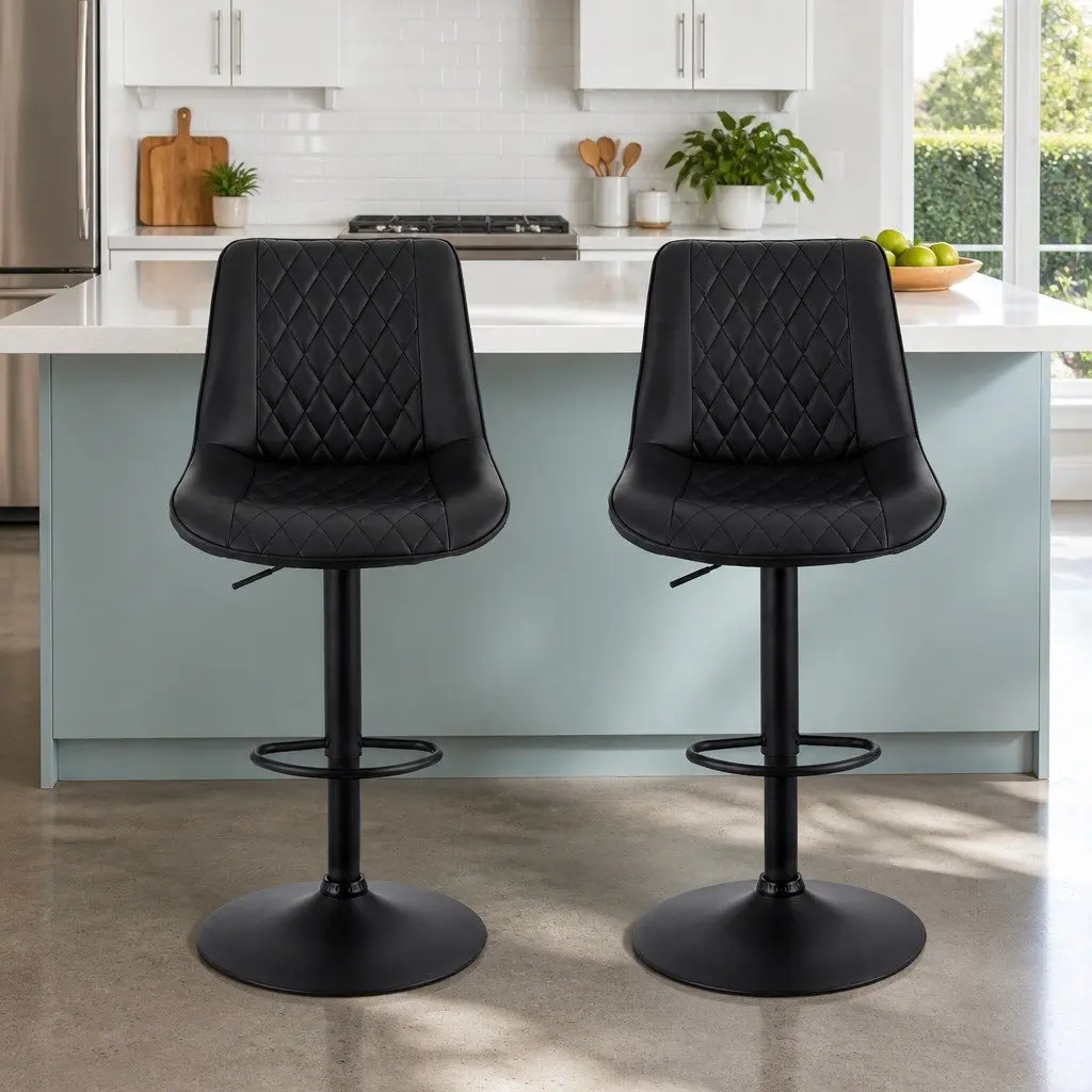 Bar Stools Diamond Black Adjustable Height PU Leather Metal Frame Set of 2