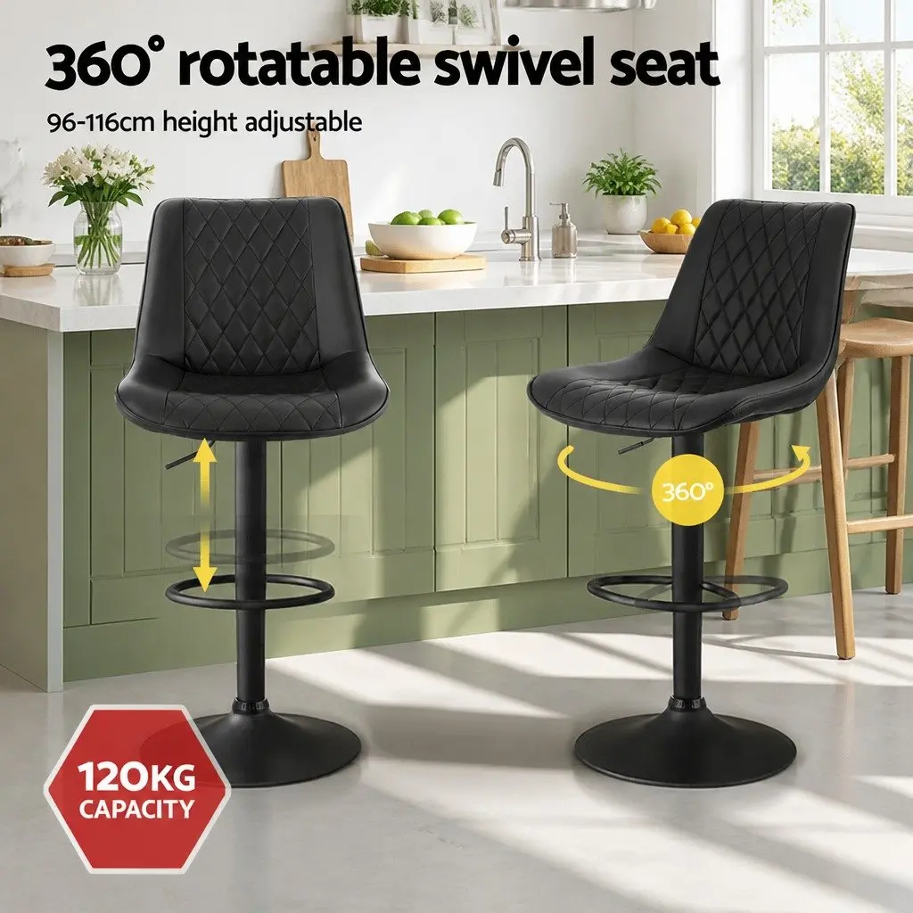 Bar Stools Diamond Black Adjustable Height PU Leather Metal Frame Set of 2