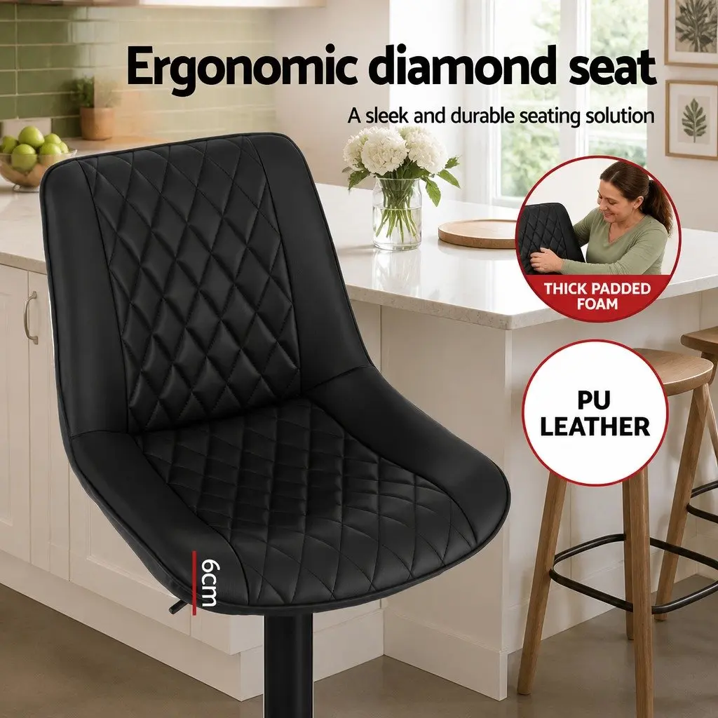 Bar Stools Diamond Black Adjustable Height PU Leather Metal Frame Set of 2