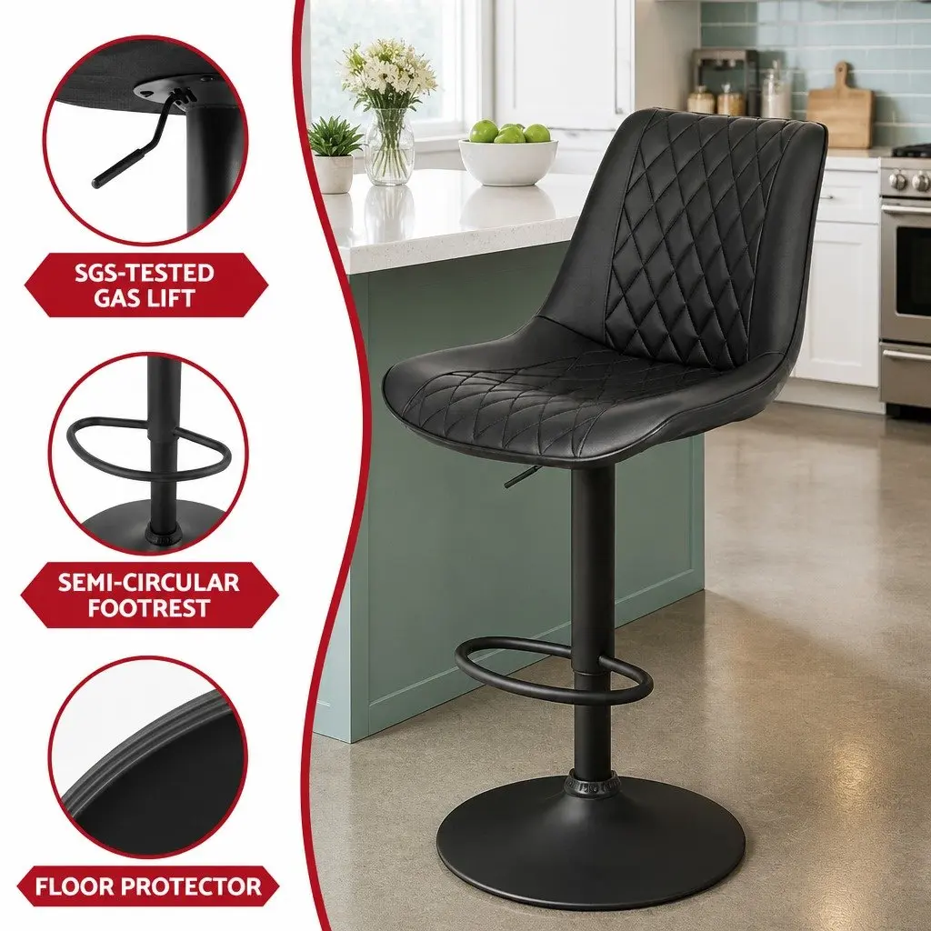 Bar Stools Diamond Black Adjustable Height PU Leather Metal Frame Set of 2