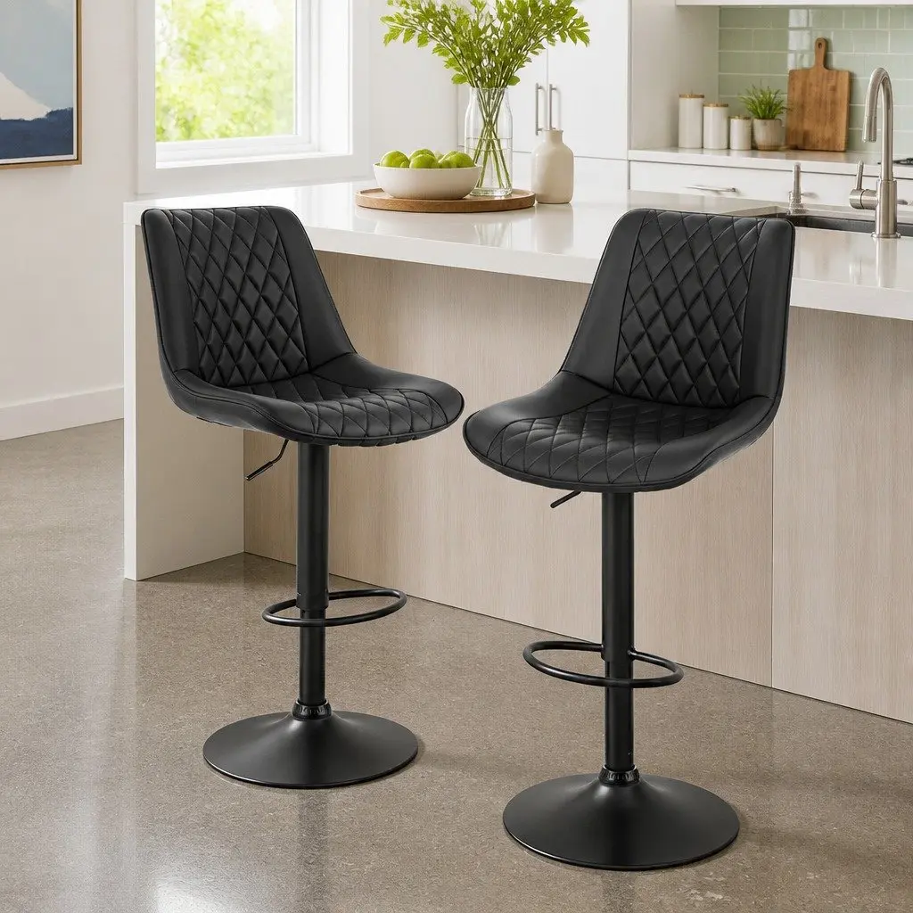 Bar Stools Diamond Black Adjustable Height PU Leather Metal Frame Set of 2