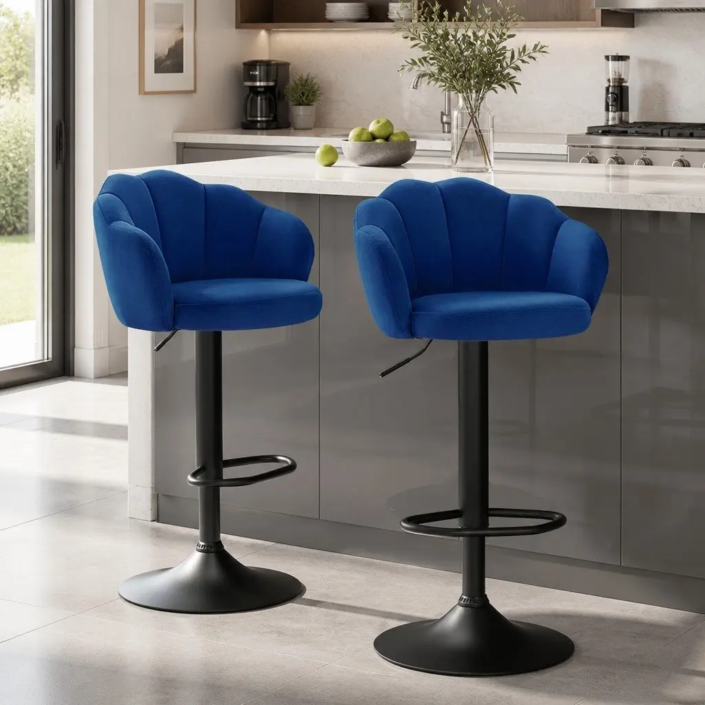 Blue Velvet Bar Stools with Gas Lift and Swivel