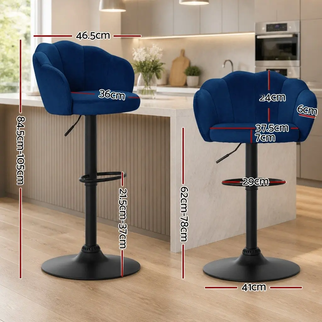 Blue Velvet Bar Stools with Gas Lift and Swivel