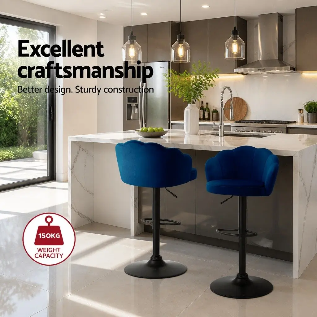 Blue Velvet Bar Stools with Gas Lift and Swivel