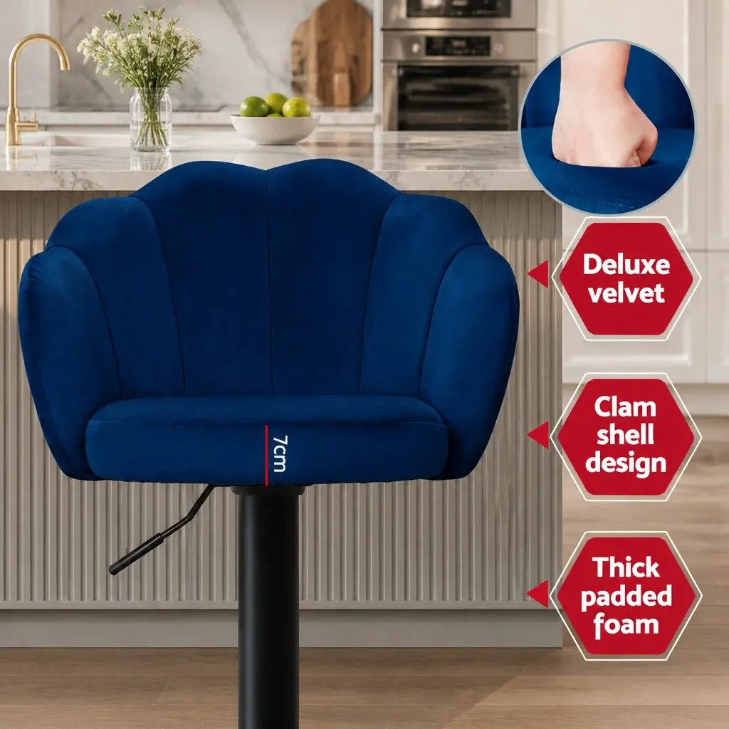 Blue Velvet Bar Stools with Gas Lift and Swivel