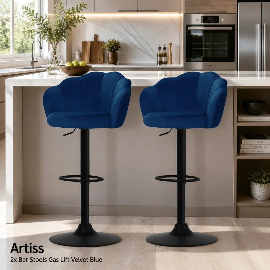 Blue Velvet Bar Stools with Gas Lift and Swivel