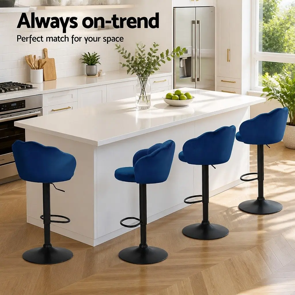 Bar Stools Set of 4 Gas Lift Velvet Blue Clam Shell Design Swivel Kitchen