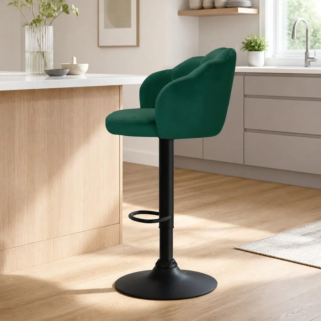 Bar Stools Set of 2 Gas Lift Velvet Green Swivel Chair Adjustable Height