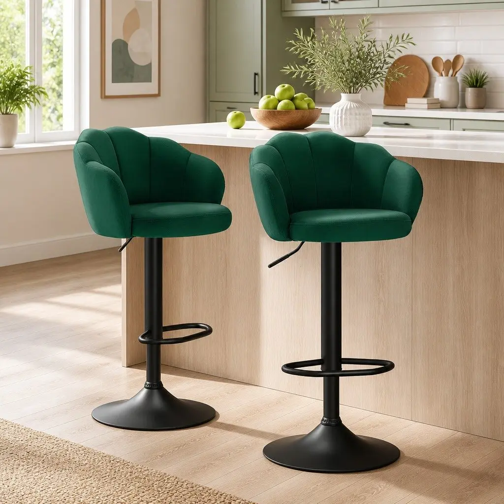 Bar Stools Set of 2 Gas Lift Velvet Green Swivel Chair Adjustable Height
