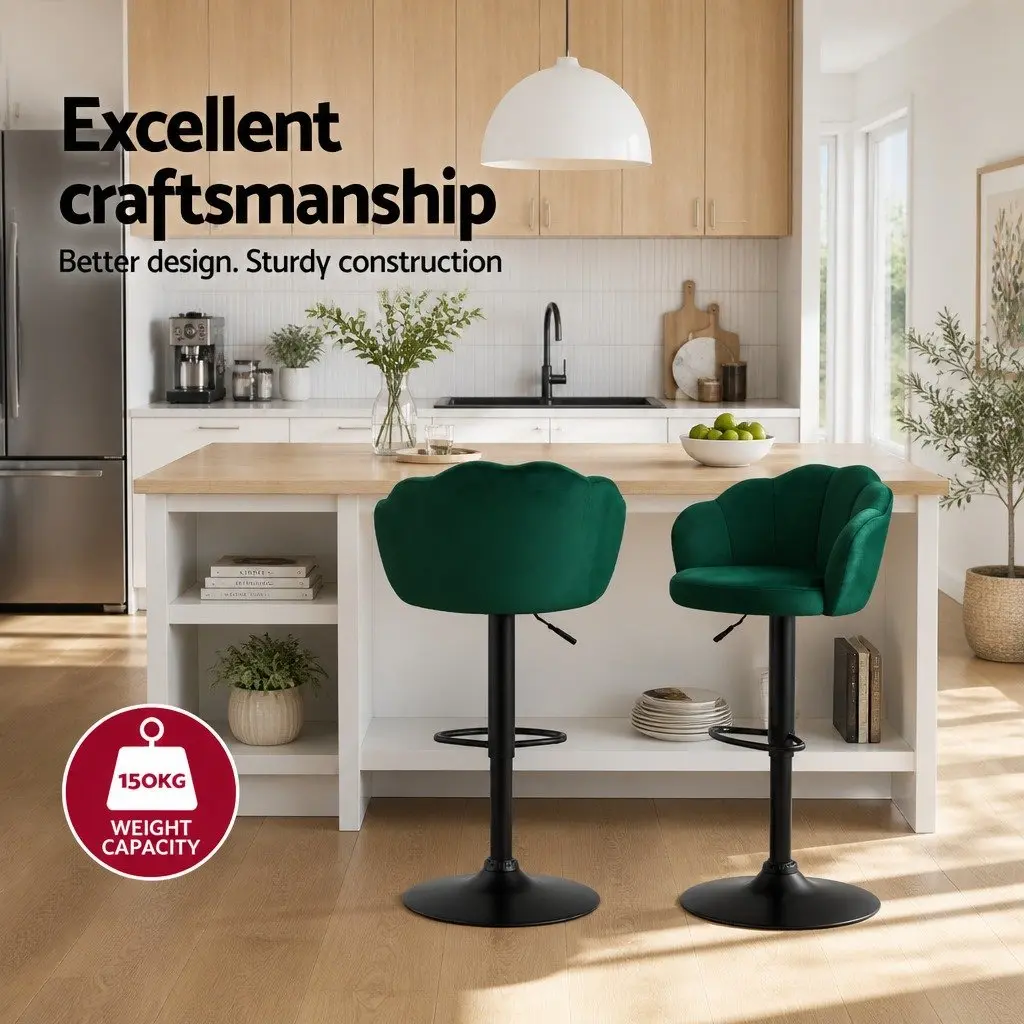 Bar Stools Set of 2 Gas Lift Velvet Green Swivel Chair Adjustable Height