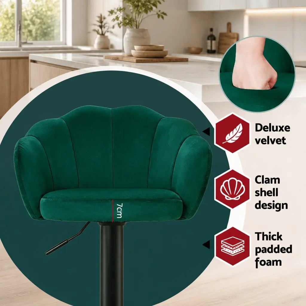 Bar Stools Set of 2 Gas Lift Velvet Green Swivel Chair Adjustable Height