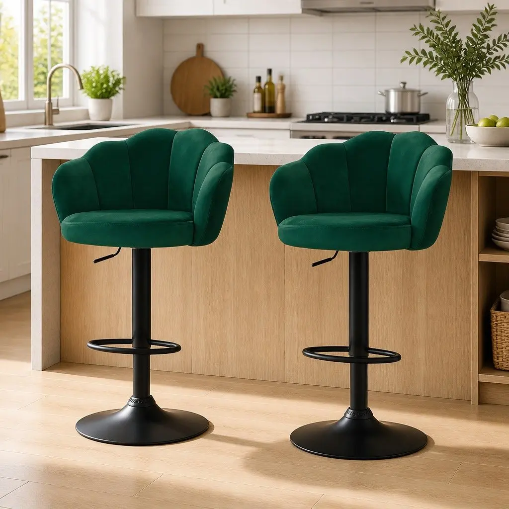 Bar Stools Set of 2 Gas Lift Velvet Green Swivel Chair Adjustable Height