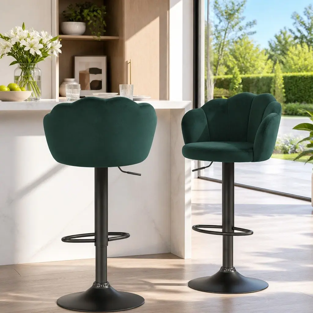 Set of 4 Green Velvet Gas Lift Swivel Bar Stools