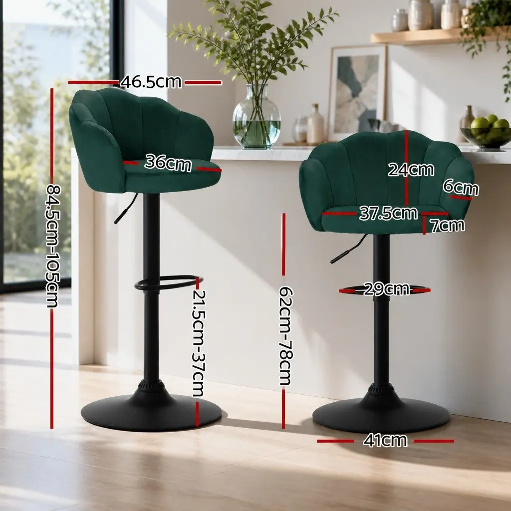Set of 4 Green Velvet Gas Lift Swivel Bar Stools