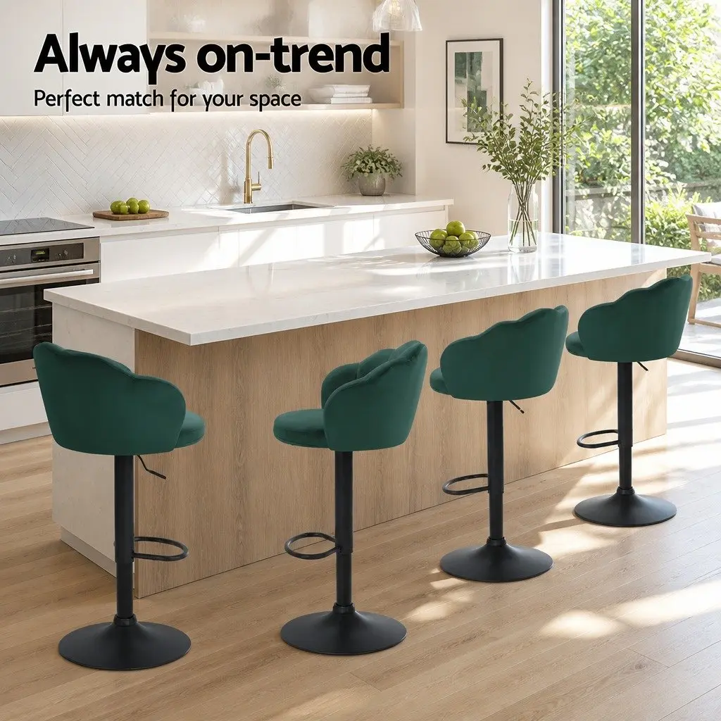 Set of 4 Green Velvet Gas Lift Swivel Bar Stools