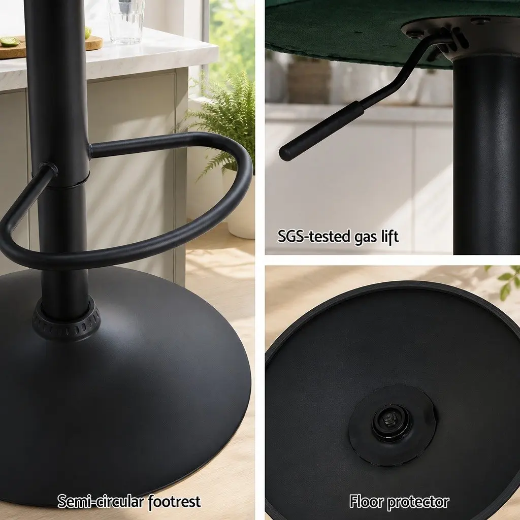 Set of 4 Green Velvet Gas Lift Swivel Bar Stools