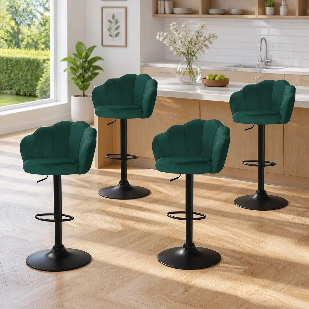 Set of 4 Green Velvet Gas Lift Swivel Bar Stools