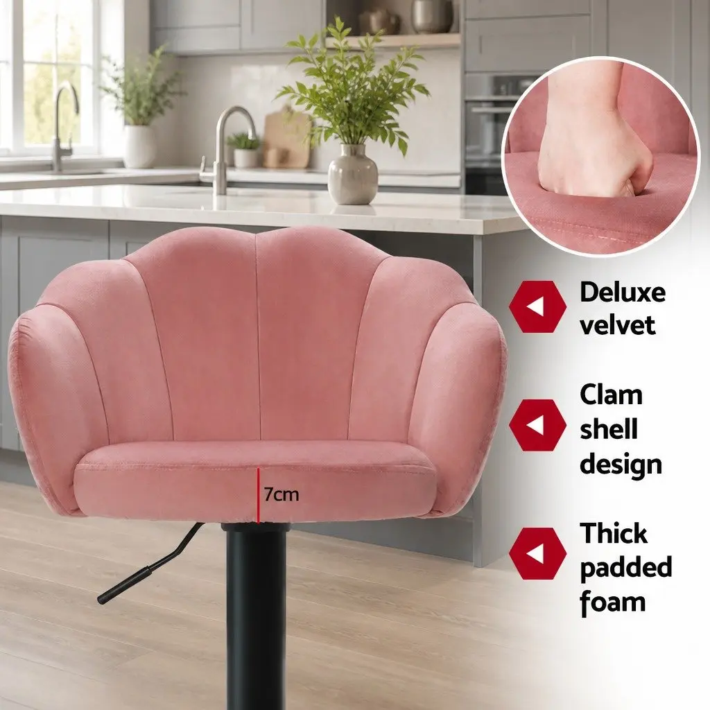 Bar Stools Gas Lift Velvet Pink Clam Shell Design Swivel Adjustable Height Set