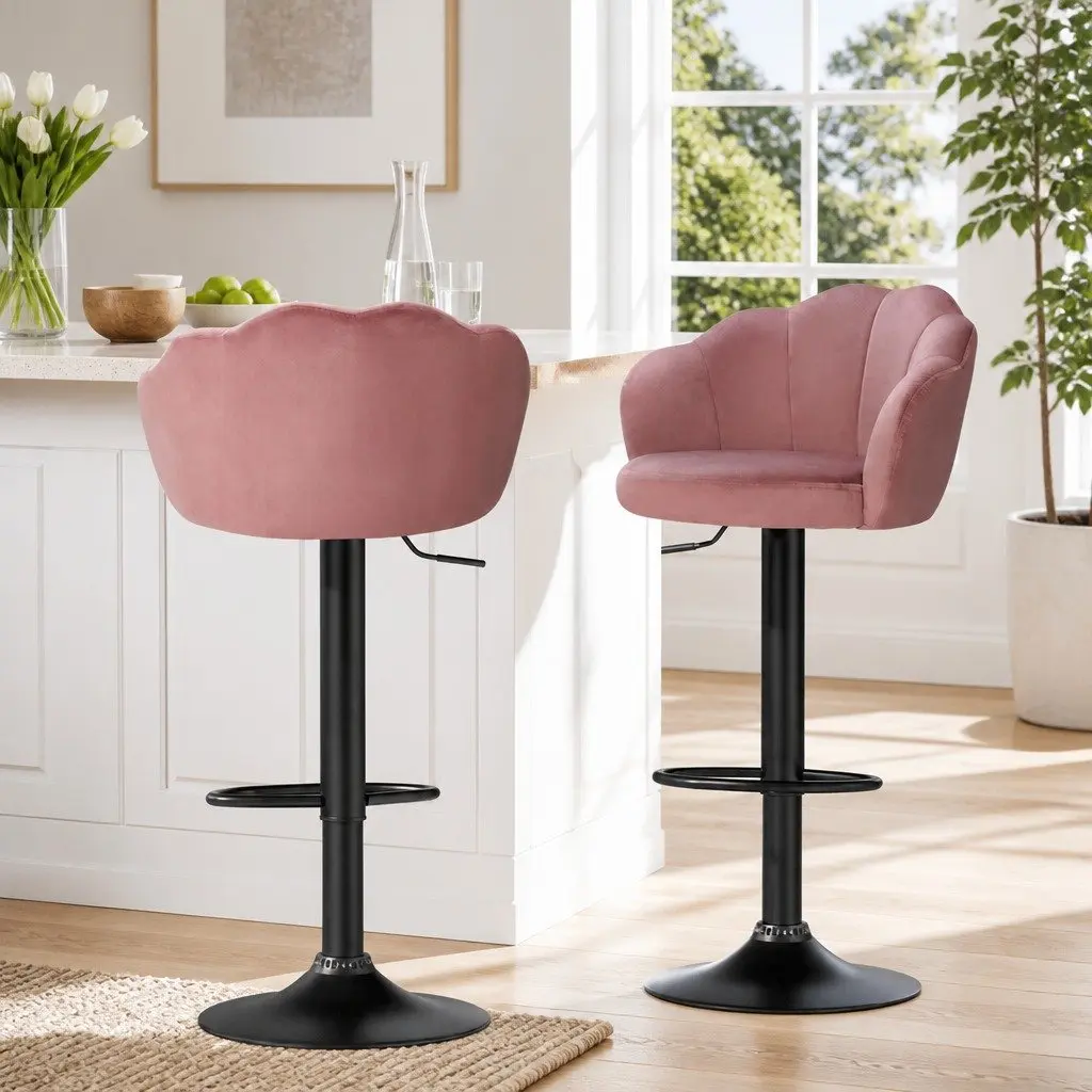 Pink Velvet Bar Stools Gas Lift 4 Pack for Kitchen