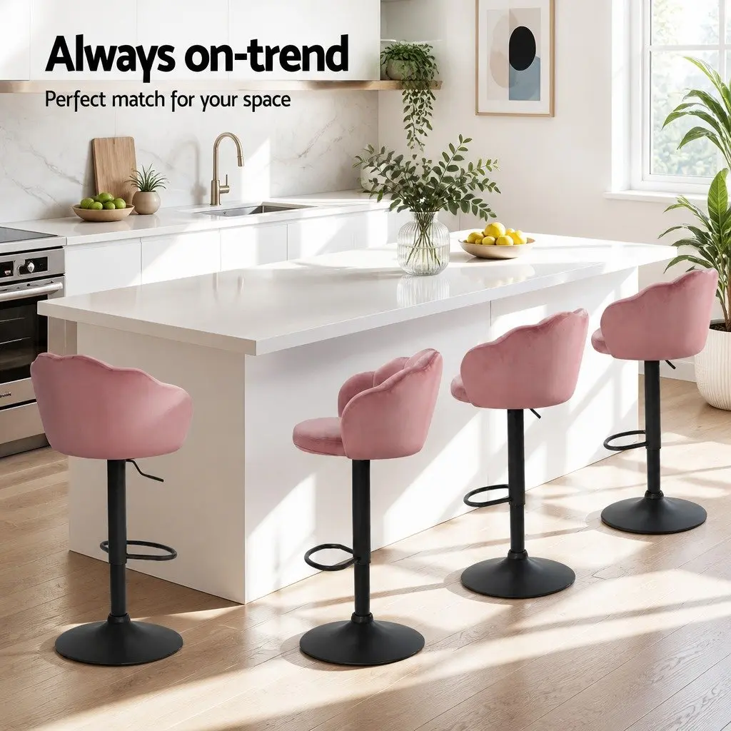 Pink Velvet Bar Stools Gas Lift 4 Pack for Kitchen