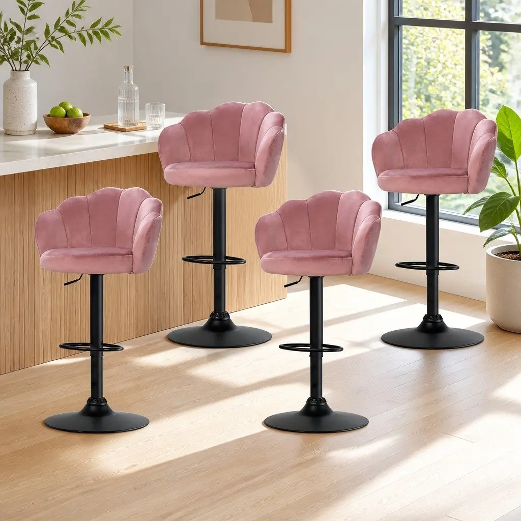 Pink Velvet Bar Stools Gas Lift 4 Pack for Kitchen