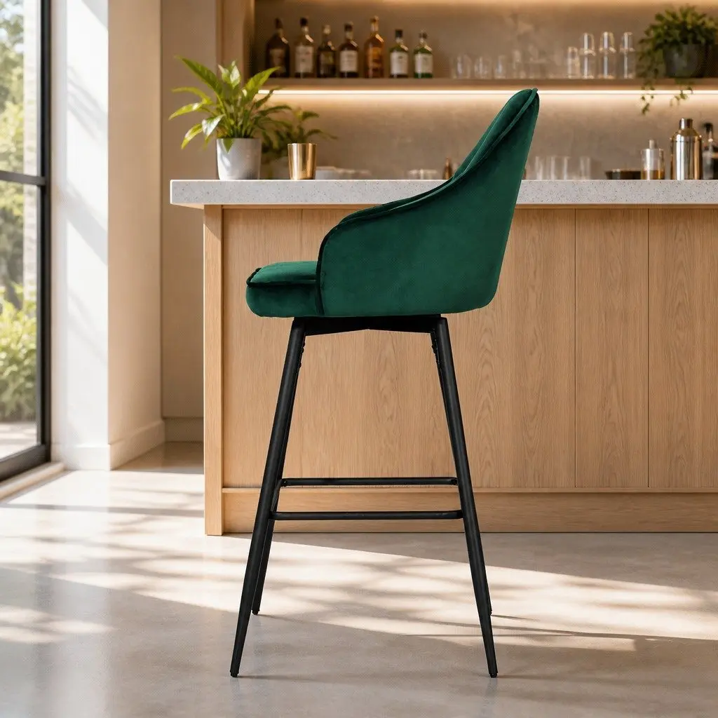 2x Bar Stools Swivel Velvet Padded Back Green Metal Legs Kitchen Dining