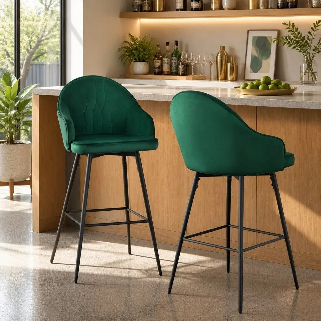 2x Bar Stools Swivel Velvet Padded Back Green Metal Legs Kitchen Dining
