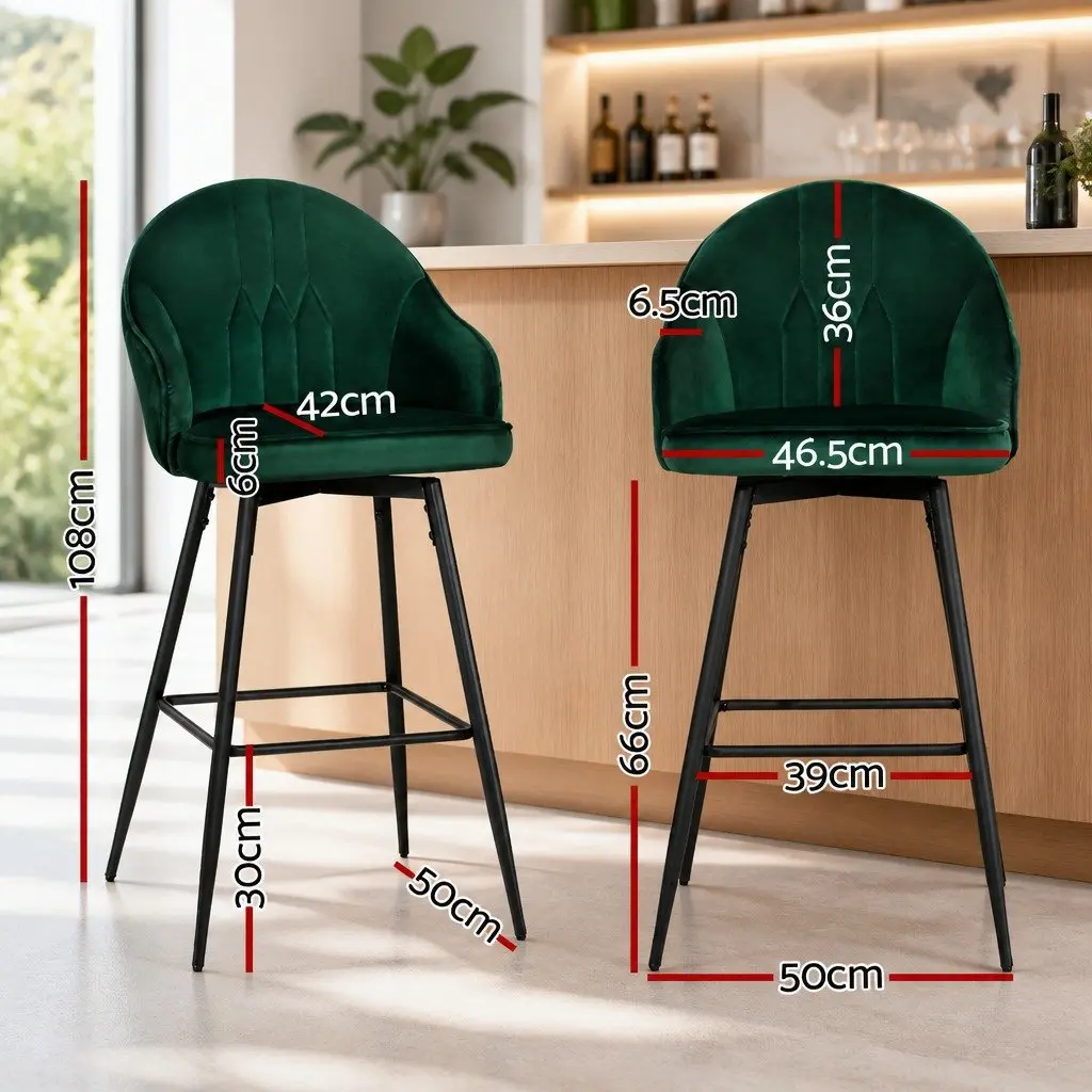 2x Bar Stools Swivel Velvet Padded Back Green Metal Legs Kitchen Dining