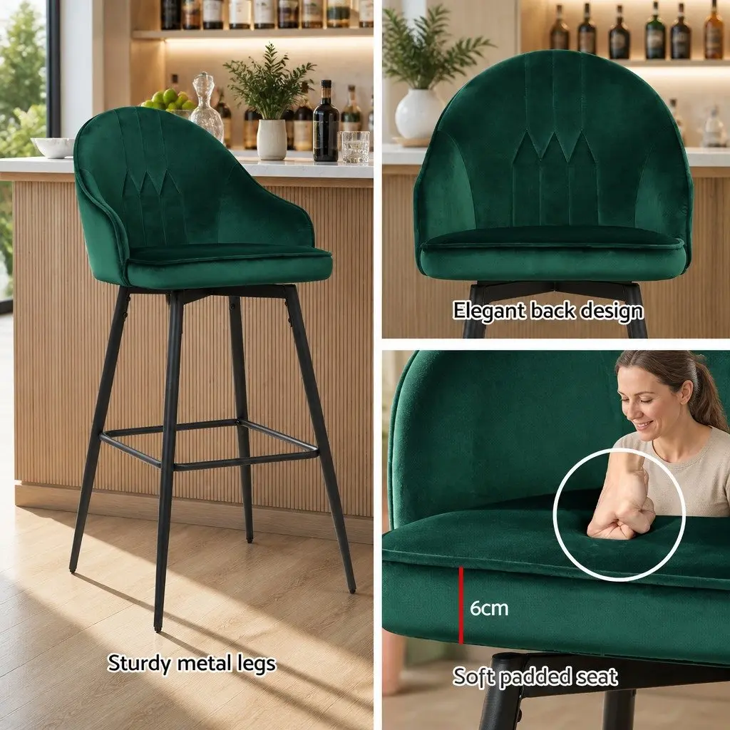 2x Bar Stools Swivel Velvet Padded Back Green Metal Legs Kitchen Dining