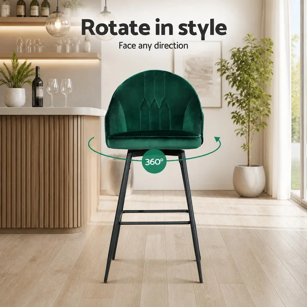 2x Bar Stools Swivel Velvet Padded Back Green Metal Legs Kitchen Dining