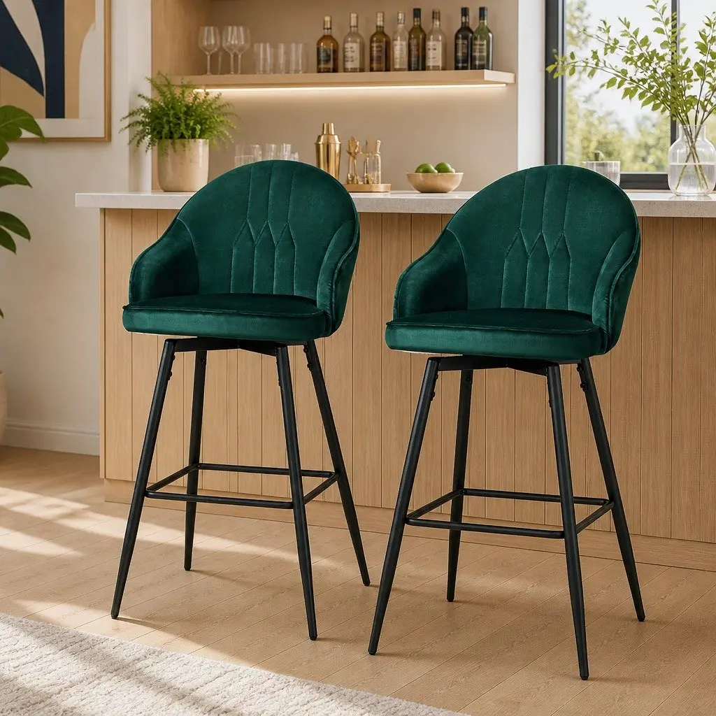 2x Bar Stools Swivel Velvet Padded Back Green Metal Legs Kitchen Dining