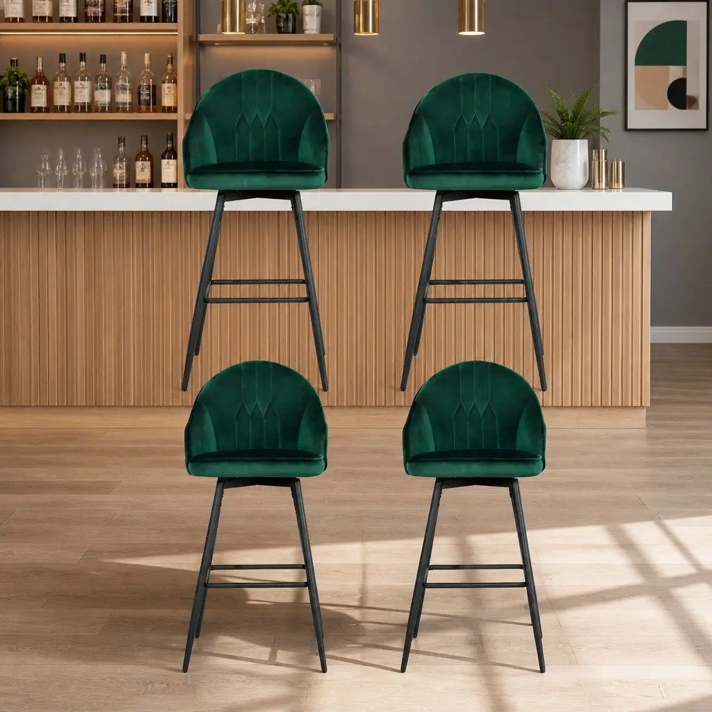Bar Stools Set of 4 Swivel Velvet Green Metal Legs Padded Seat Back Design