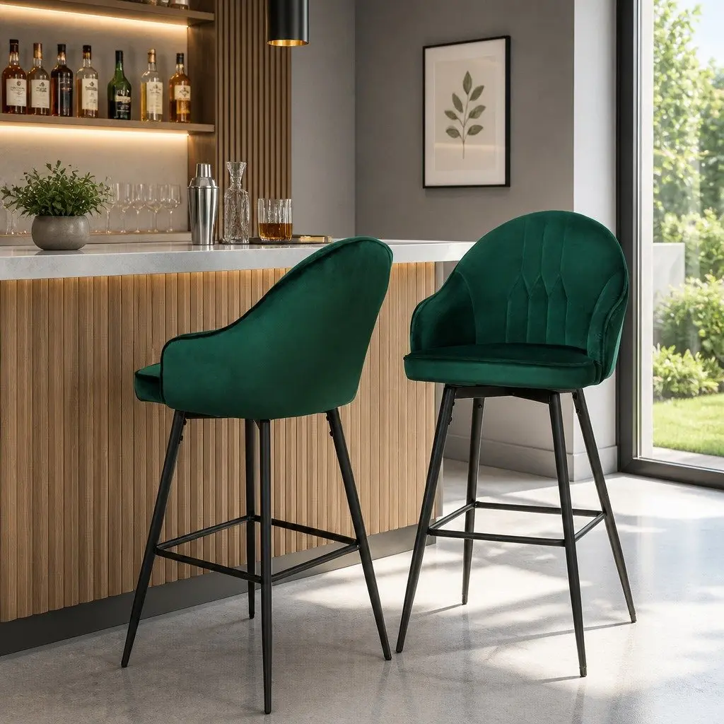 Bar Stools Set of 4 Swivel Velvet Green Metal Legs Padded Seat Back Design
