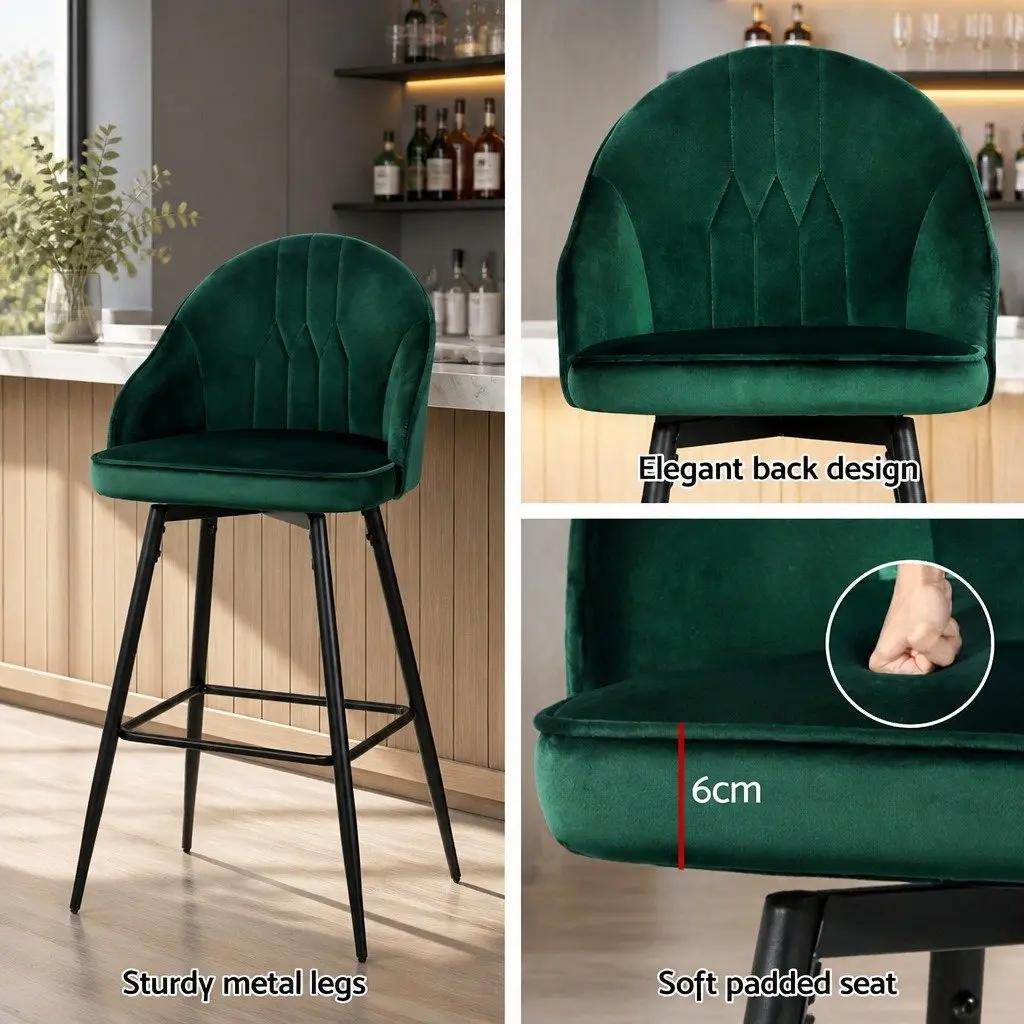 Bar Stools Set of 4 Swivel Velvet Green Metal Legs Padded Seat Back Design