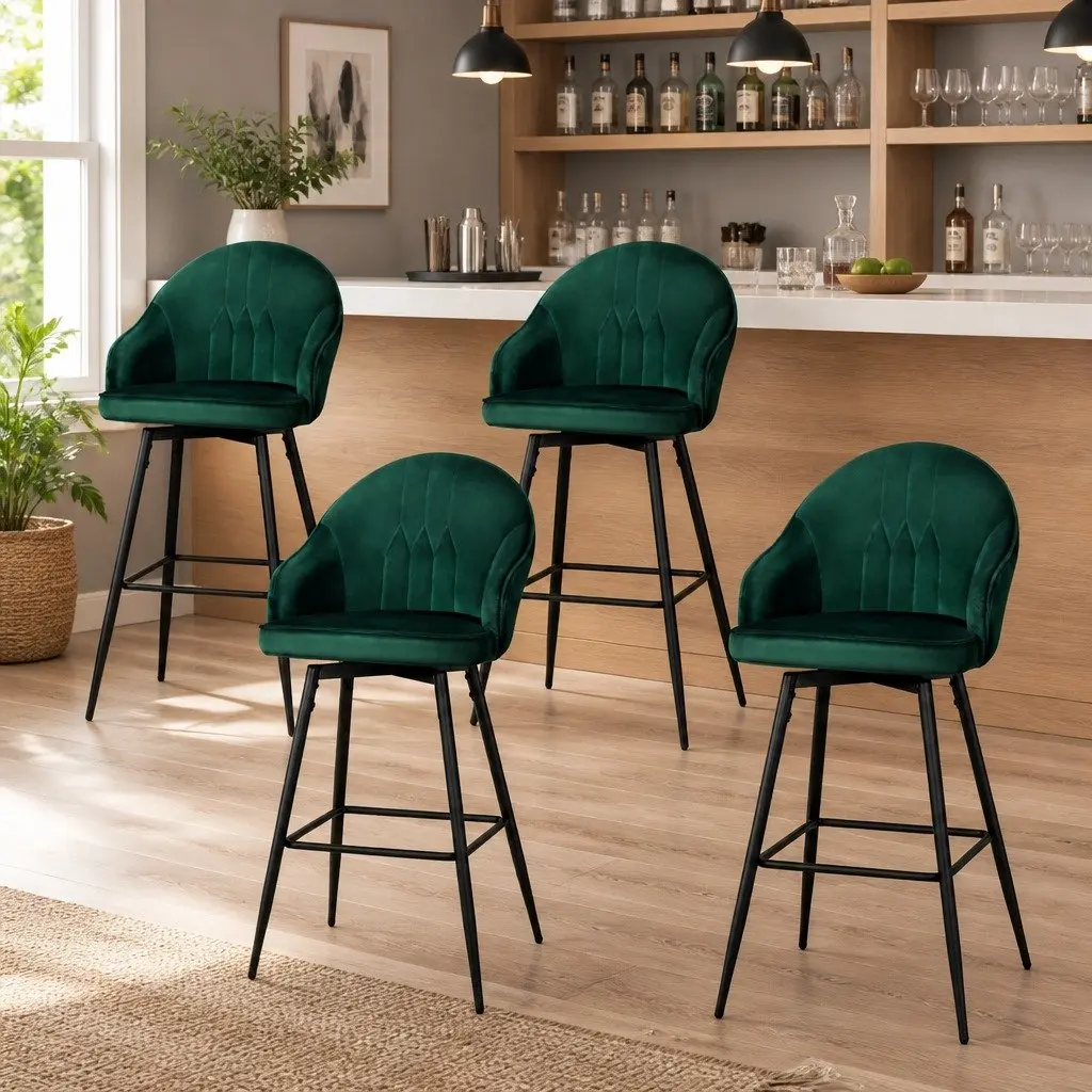 Bar Stools Set of 4 Swivel Velvet Green Metal Legs Padded Seat Back Design